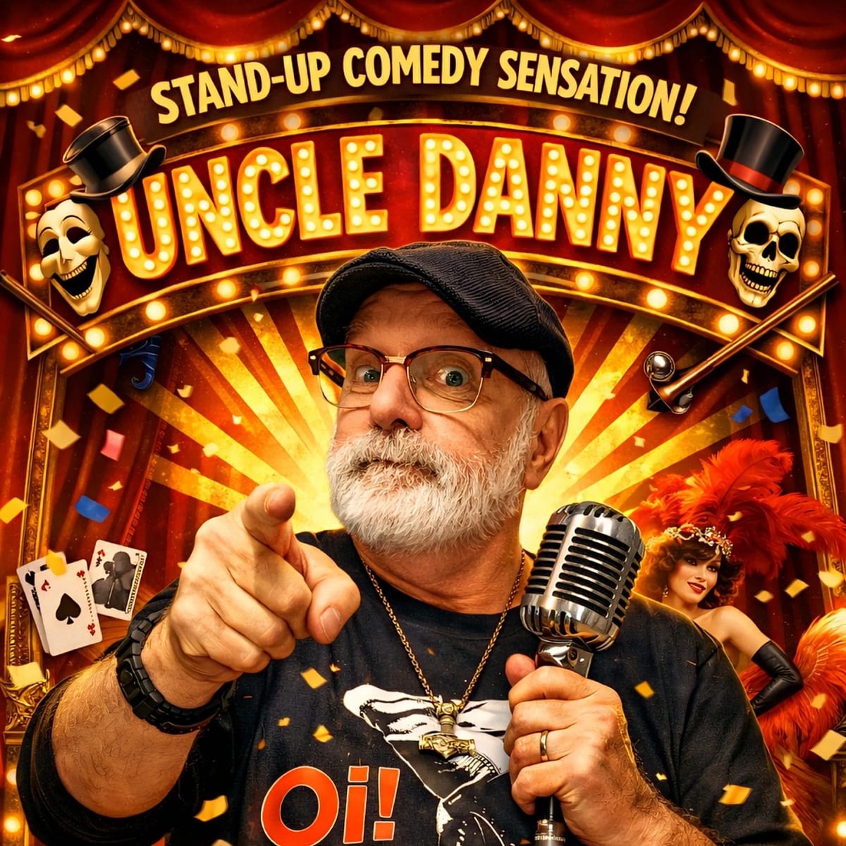 Uncle Danny pointing at the audience with a microphone in front of a comedy marquee